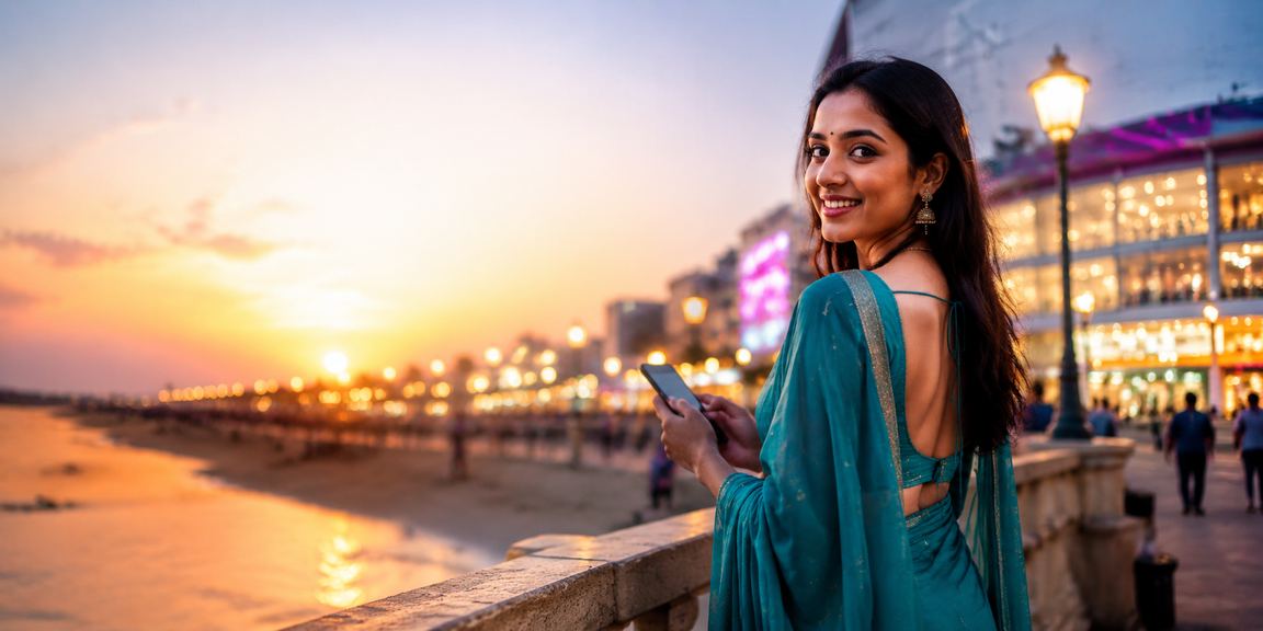 Indian woman in vibrant saree enjoying online lottery games via tablet